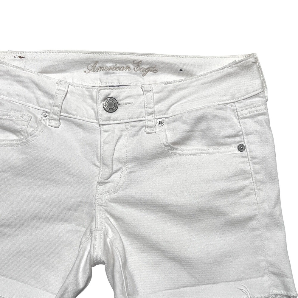 American Eagle Denim Shorts Women 4 White Excellent Stretch Low Rise Frayed Hem - Picture 6 of 8